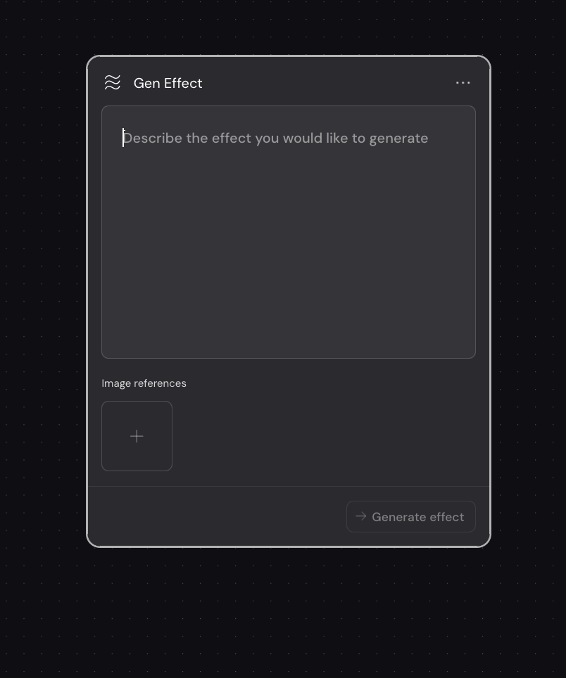 نود Gen Effect مفتوح وفيه حقل الوصف وخانة المراجع البصرية وزر Generate effect